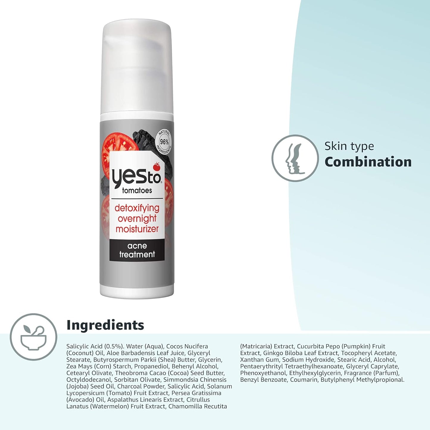 Yes To Tomatoes Detoxifying Overnight Moisturizer, Quick-Absorbing Formula That Helps Exfoliate Skin & Prevent New Acne, With Salicylic Acid & Charcoal, Natural, Vegan & Cruelty Free, 1.7 Fl Oz