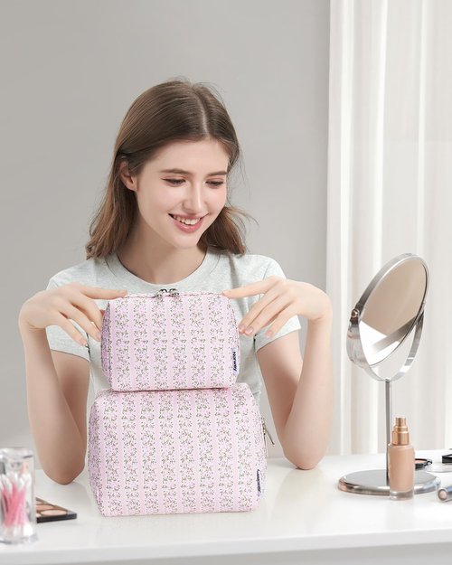 Narwey Cute Floral Makeup Bag - Travel Cosmetic Organizer with Compartments for Women | Large Pink Flower Buds