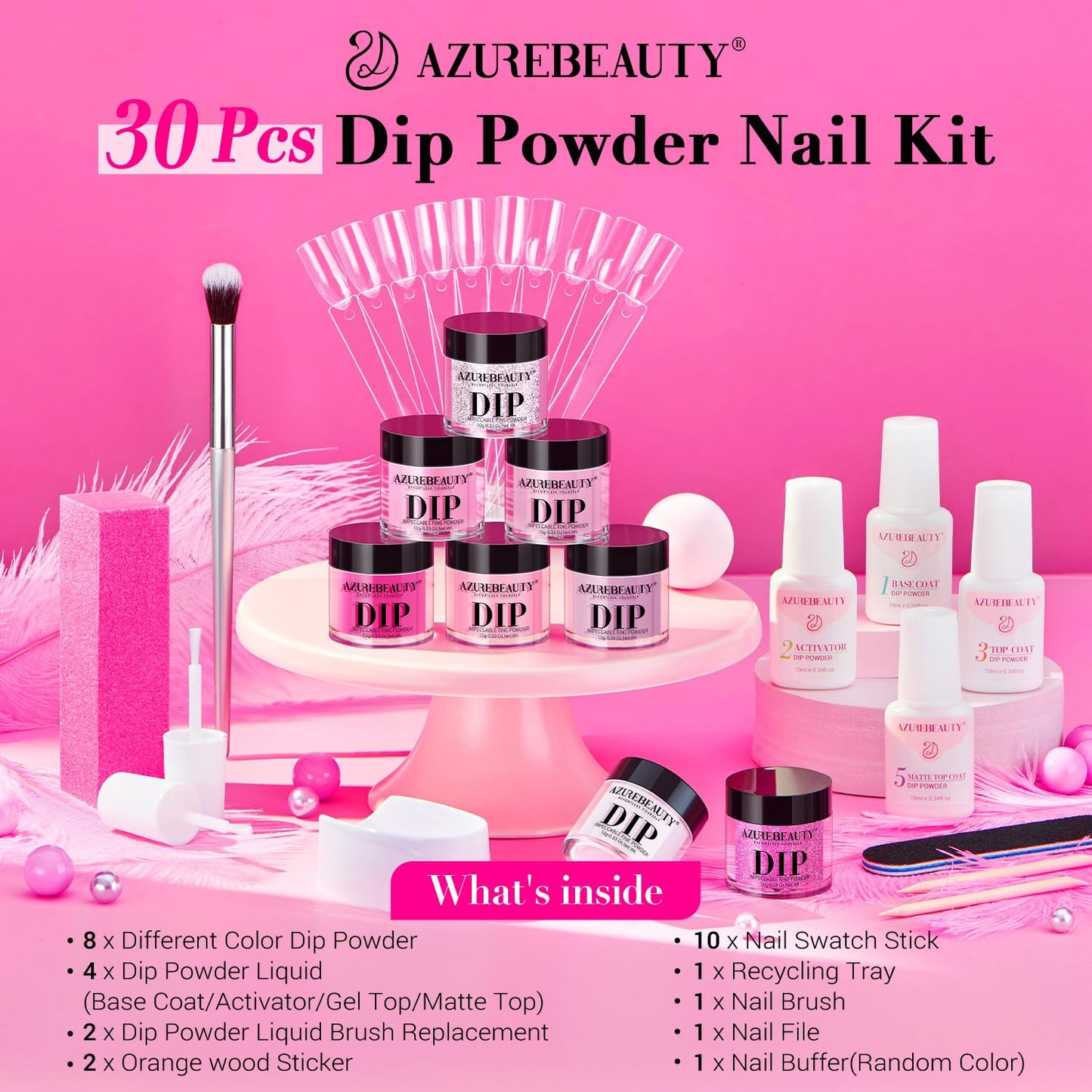 AZUREBEAUTY Dip Powder Nail Starter Kit with Matte Coat, 8 Hot Pink Glitter Neon Summer Color, Dipping Powder Liquid Set with Base/Top Coat/ Activator/10 Nail Sticks Salon at Home