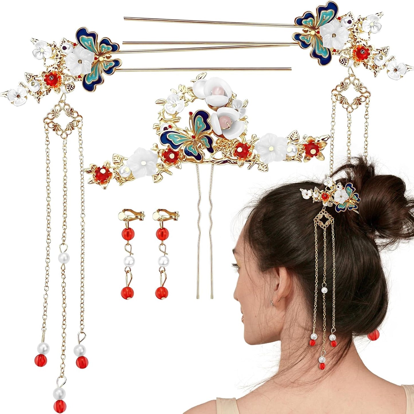 5 Pcs Flower Chinese Tassel Hair Stick Crystal Pearl Hanfu Hair Pins Classical Floral Bride Wedding Accessories for Women