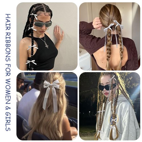 20PCS White Hair Bows for Women, Hair Ribbons for Girls Hair, 12PCS Long Tassel Bowknot Ponytail Holder and 8PCS Short Tail Hair Clips, Solid Silky Hair Barrettes Satin Hair Accessories