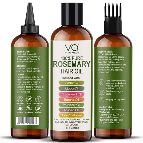 100% Pure Rosemary Oil For Hair Growth With Castor Oil-Batana Oil-Jojoba Oil-Infused With Biotin & Vitamin E-Blend of Effective Hair Oils for Hair Growth-Strengthening Treatment-Vital Affair-6.7 Fl Oz