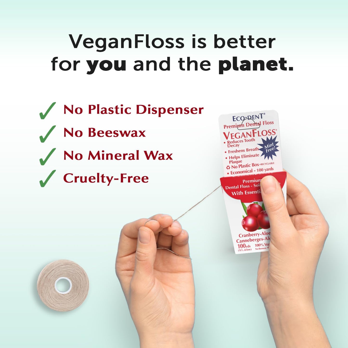 Eco-Dent VeganFloss Dental Floss, Waxed, Cranberry-Aloe - Floss with Vegan Plant-Based Wax, Recyclable Cardboard Packaging, 100 Yds (Pack of 6)