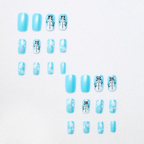 Christmas Press on Nails Short Square Blue Glitter Fake Nails with Snowflake & Snowman Designs Cute Xmas Winter Acrylic Nails Full Cover False Nails Stick on Nails for Women Women Nail Art DIY 24 Pcs