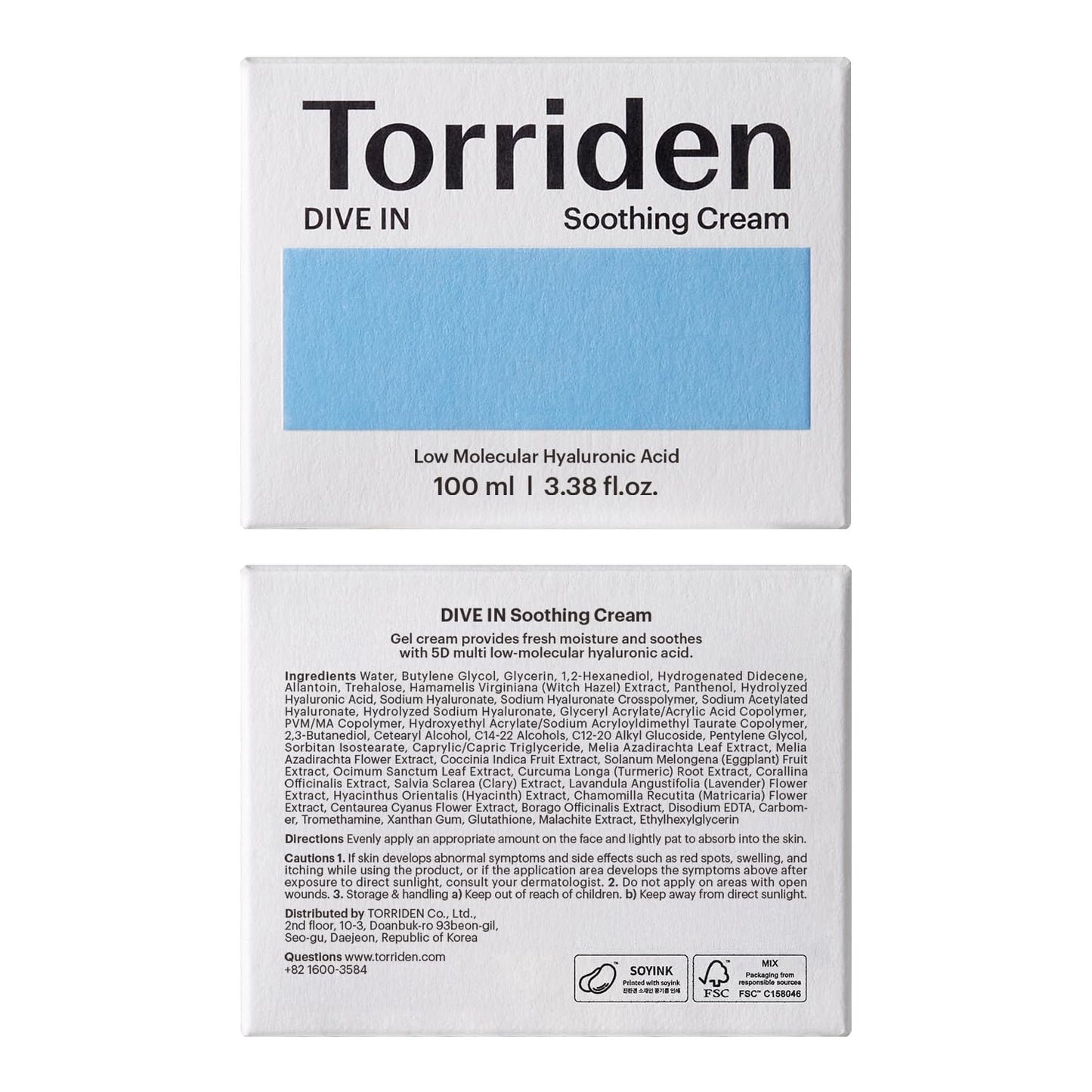 Torriden DIVE IN Hyaluronic Acid Soothing Cream - Revitalizing Moisturizer for Sensitive Skin | 100ml (3.38 fl. oz)