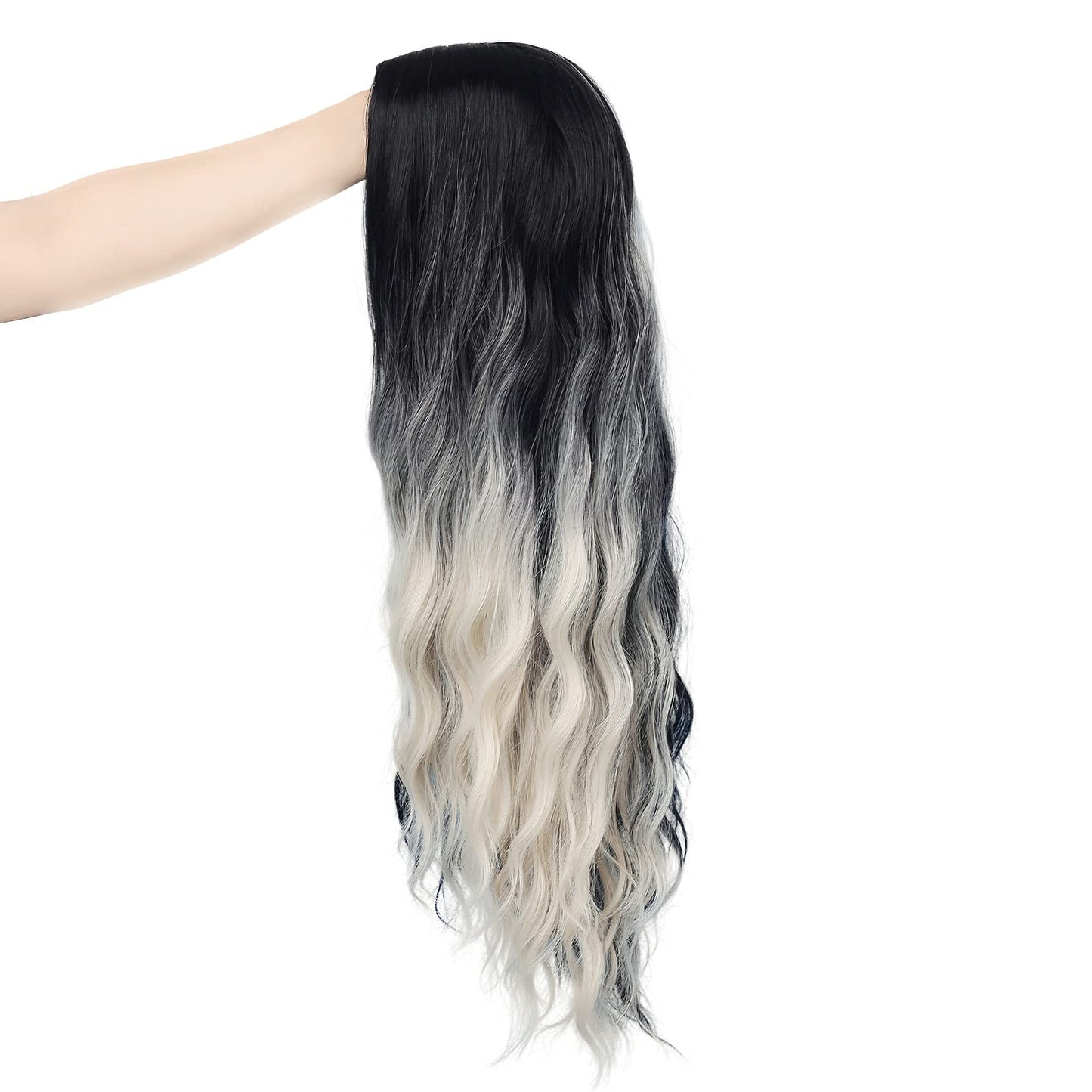 Swiking Black and White Curly Wigs for Women Long Wave Ombre Synthetic Hair Natural Soft Wigs for Party Cosplay Halloween (Half White Half Black)