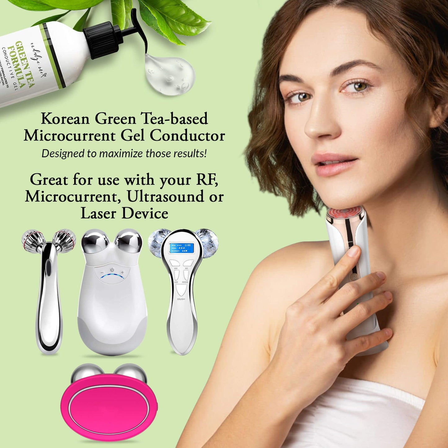 IndulgeMe Facial Conductive Gel for Microcurrent Device with Korean Green Tea Extract, Aloe Leaf Water, Hyaluronic Acid - Primer Conducting Gel for Face/Body Sculpting, RF, Red Light Therapy (8.45 oz)