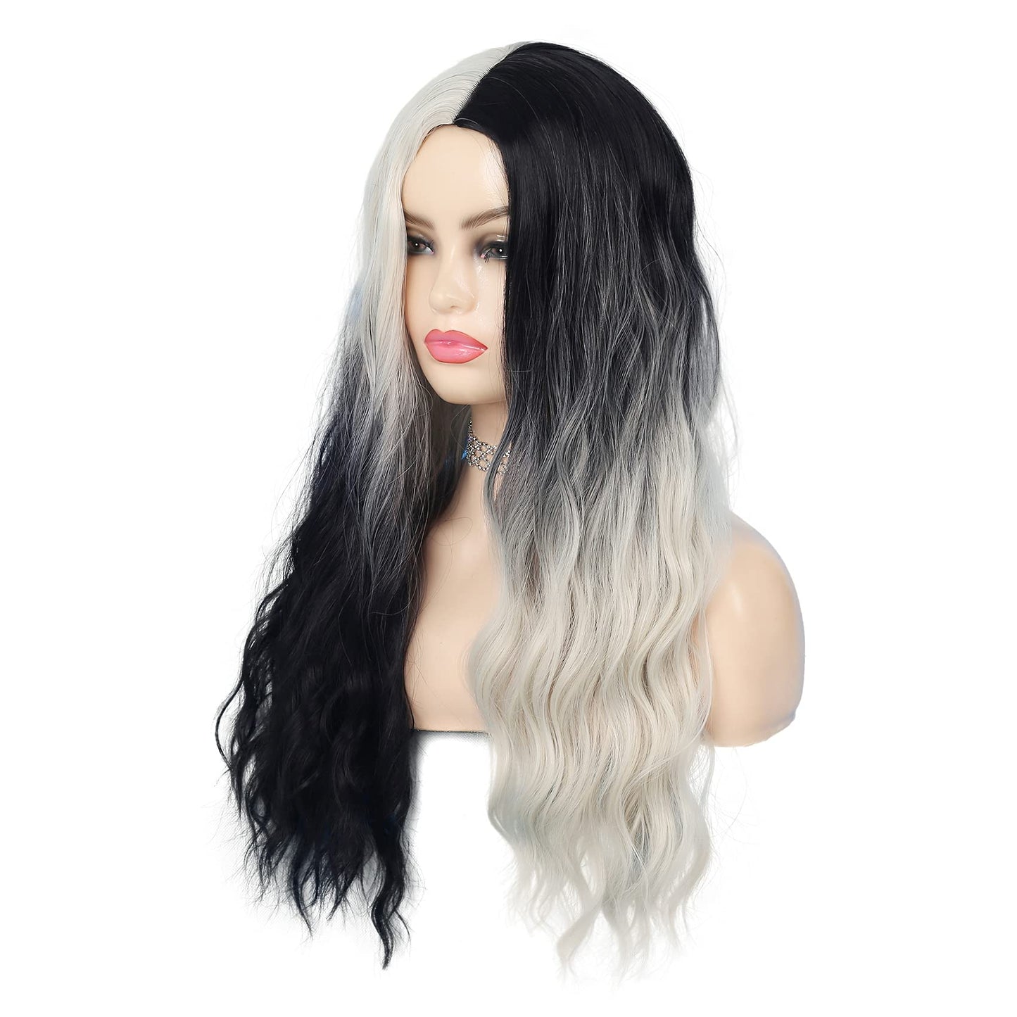 Swiking Black and White Curly Wigs for Women Long Wave Ombre Synthetic Hair Natural Soft Wigs for Party Cosplay Halloween (Half White Half Black)