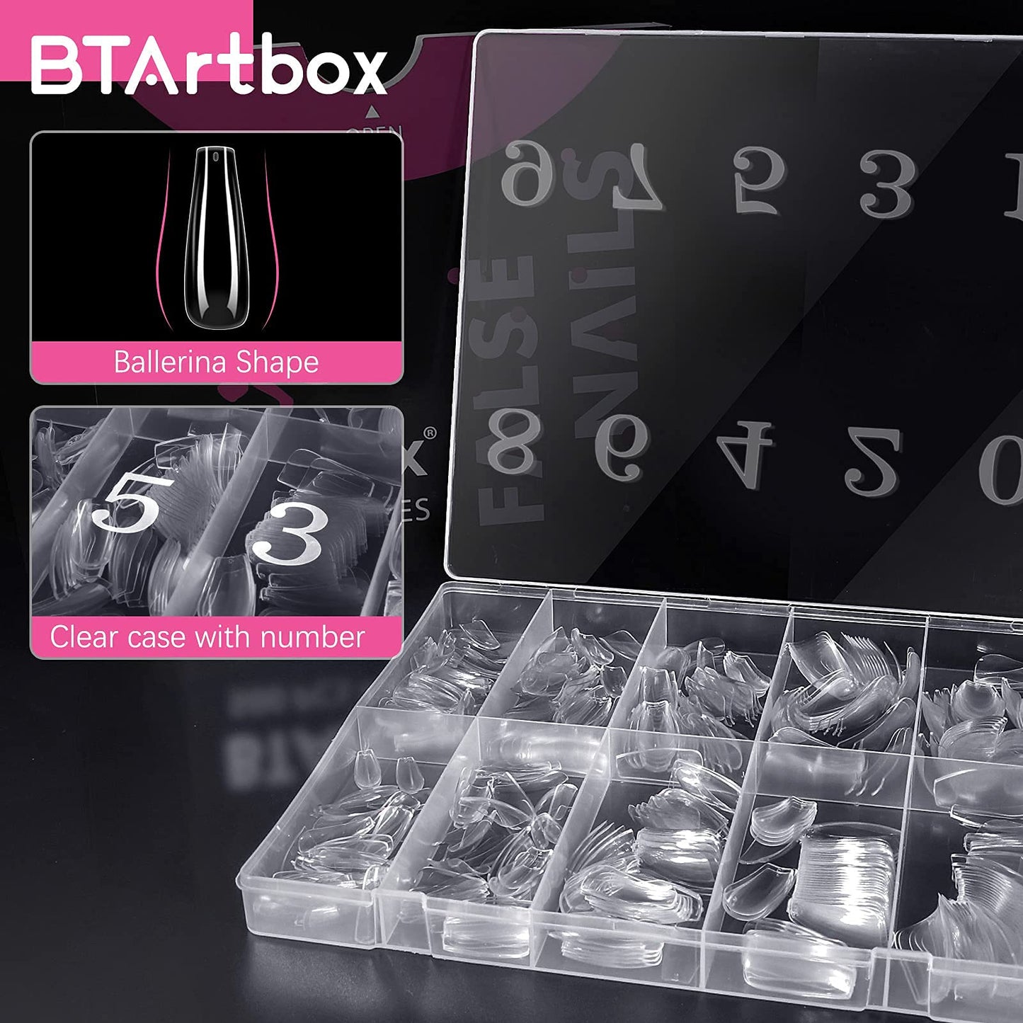 Long Fake Nails - Clear Acrylic Coffin Shaped Ballerina Nails Tips BTArtbox 500pcs Full Cover False Artificial Nails with Case for Salons and DIY Nail Art, 10 Sizes
