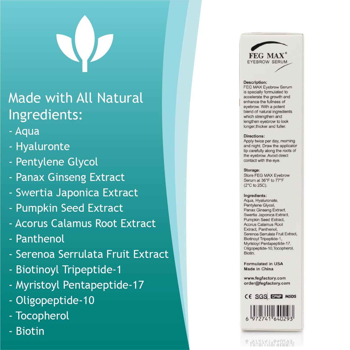 FEG Max Eyebrow Enhancer Growth Treatment Serum | Eyebrow Enhancing Serum to Help Lengthen and Thicken Eyebrows | Non-irritating Brow Serum | 6ml