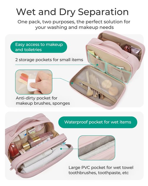 BAGSMART Toiletry Bag for Women, Wide-open Makeup Bag Organizer for Travel Essentials Travel-size, Water-resistant Large Capacity Cosmetic Bag for Accessories, Shampoo, Toiletries with Handle, Pink