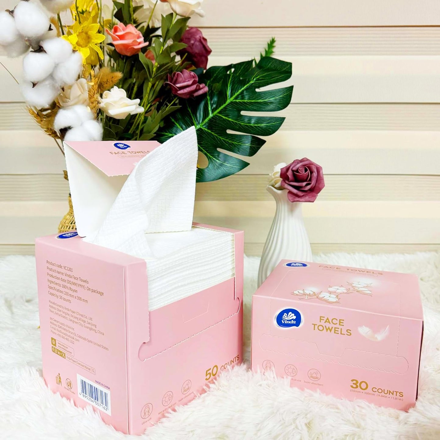 Vinda Clean Face Towels - Disposable Makeup Remover Wipes for Sensitive Skin | XL Size, 50 Count