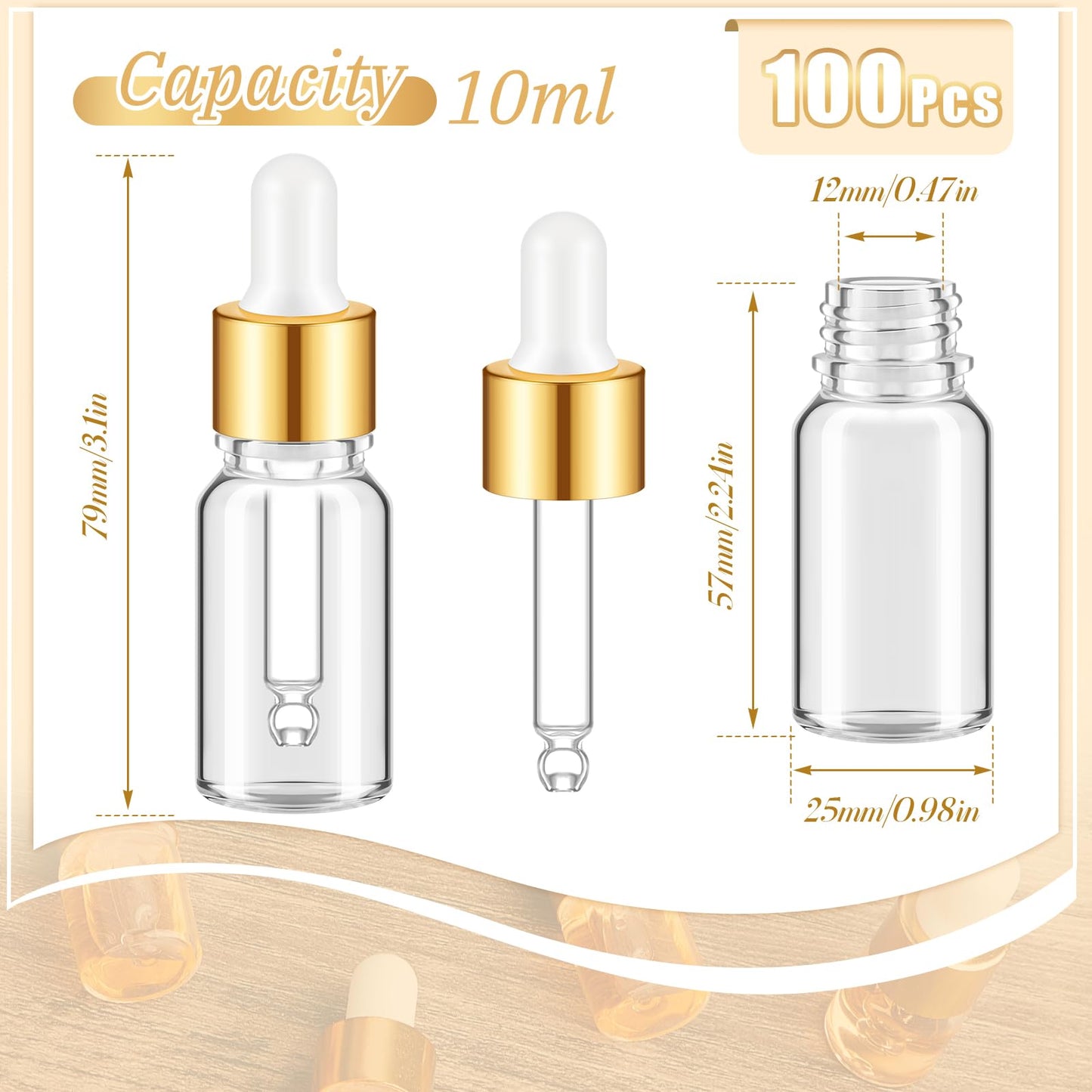 Didaey 100 Pcs Mini Glass Oil Dropper Bottle Bulk, 10 ml Gold Clear Essential Small Empty Bottles Sample Containers Perfume Liquid Vials with Cap for Traveling