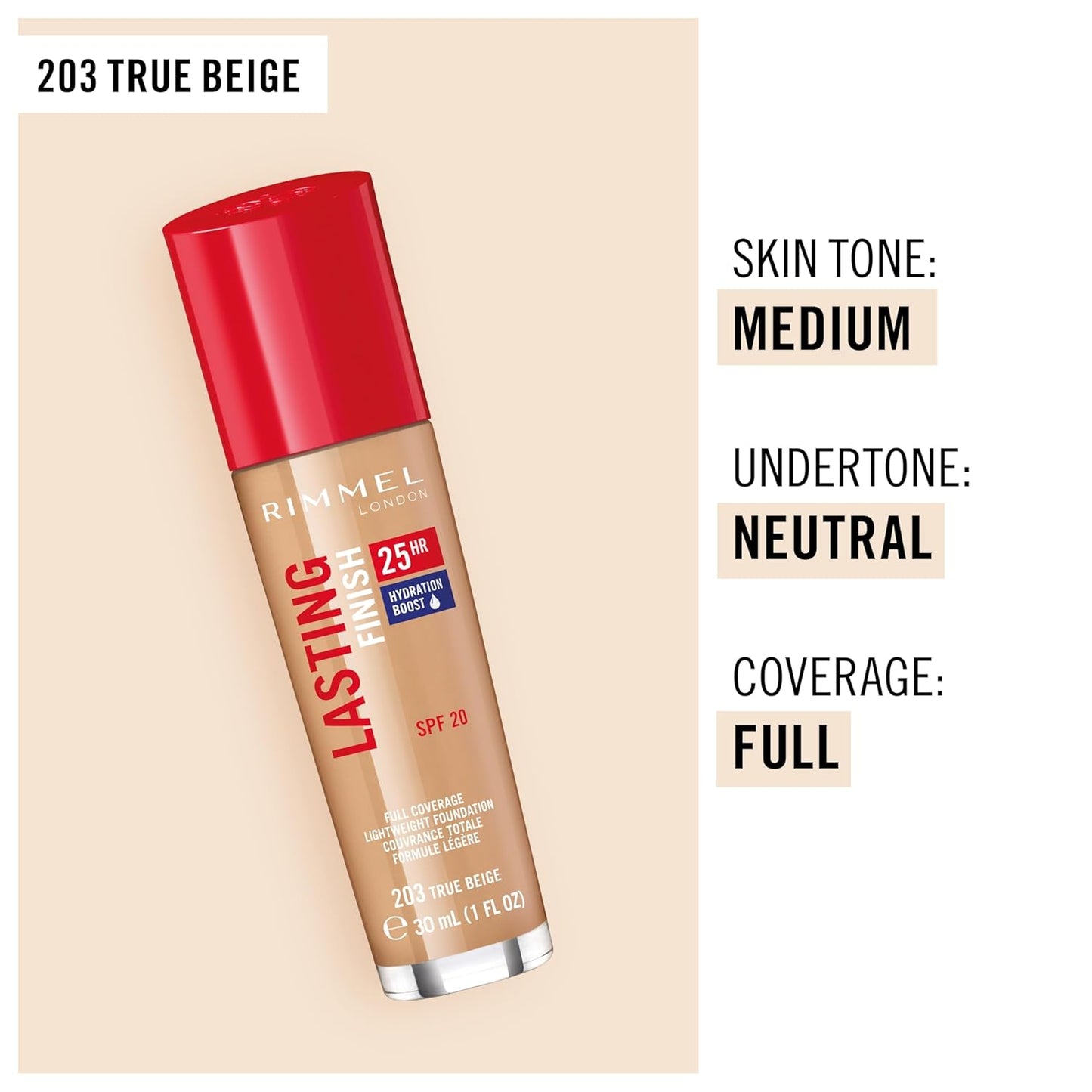 Rimmel London Lasting Finish 25HR - 200 Soft Beige - Foundation, 25-Hour Wear, Full Coverage, Waterproof, 1oz
