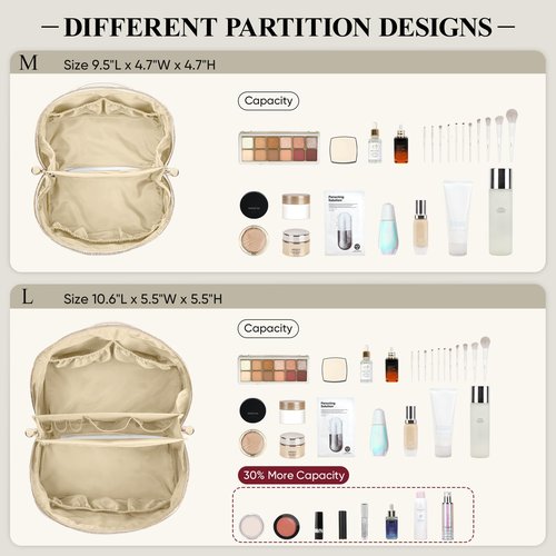 MSTONAL Travel Makeup Bag, Large Capacity Cosmetic Bags for Women, Waterproof Portable Pouch Open Flat Make up Organizer Bag with Dividers and Handle, Toiletry Bag for Essentials, Medium, lvory White