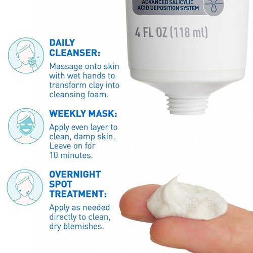 CeraVe Acne Face Wash - Multi-Use Salicylic Acid & Kaolin Clay Treatment | 4oz, Fragrance-Free, Non-Comedogenic