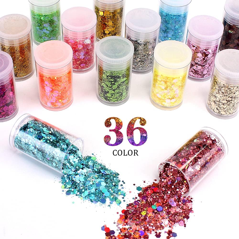 Holographic Chunky Glitter Sequins, 12 Colors Mixed Cosmetic Glitter for Face Body Eye Hair Nail Art Lip Gloss Makeup, Festival Glitter with Different Hexagons Size and Stars (Laser Mix)