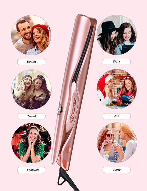 LANDOT 2-in-1 Hair Straightener & Curler - Fast Heating Ceramic Iron, 12 Temp Settings, Rose Gold