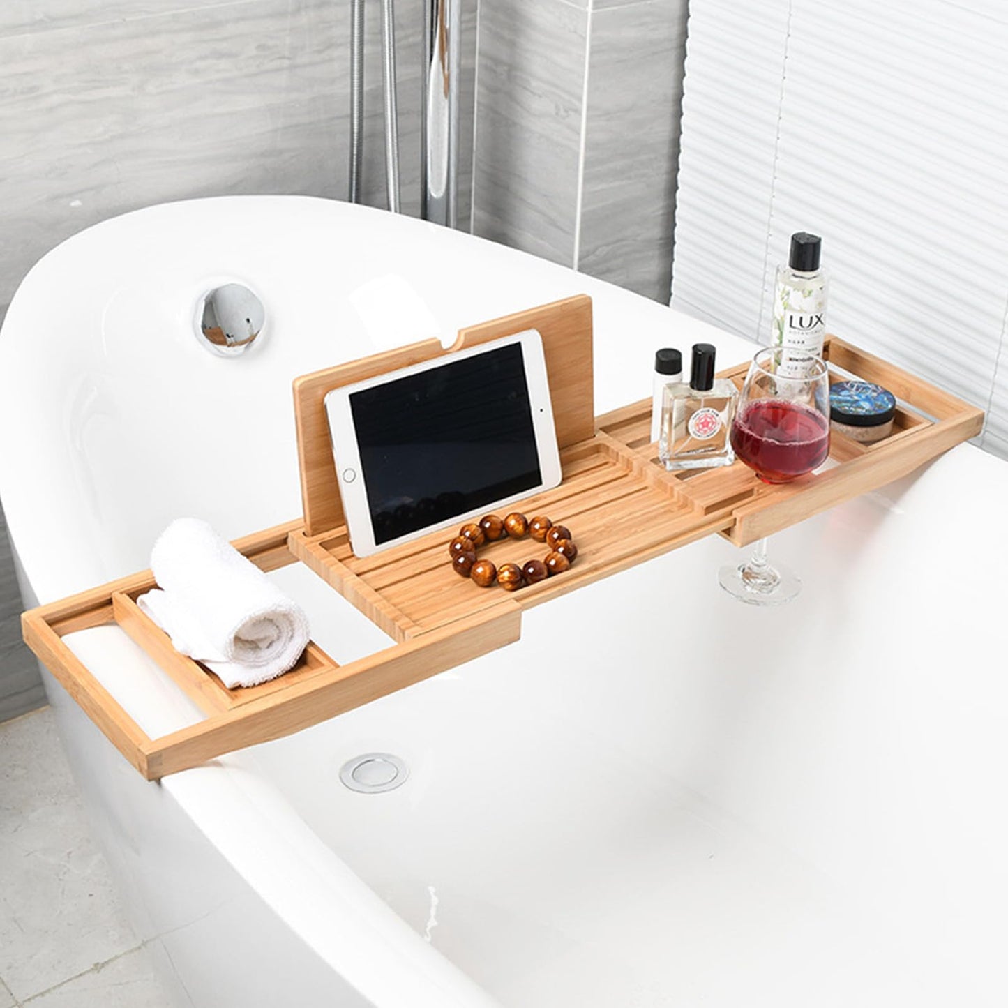 Hcirjhie Wood Foldable Bathtub Tray Caddy Bamboo Bathtub Tray Expandable, Bath Tub Table Caddy with Extending Sides - Bathtub Accessories for Women or Men (Natural (Foldable), Natural (Foldable))