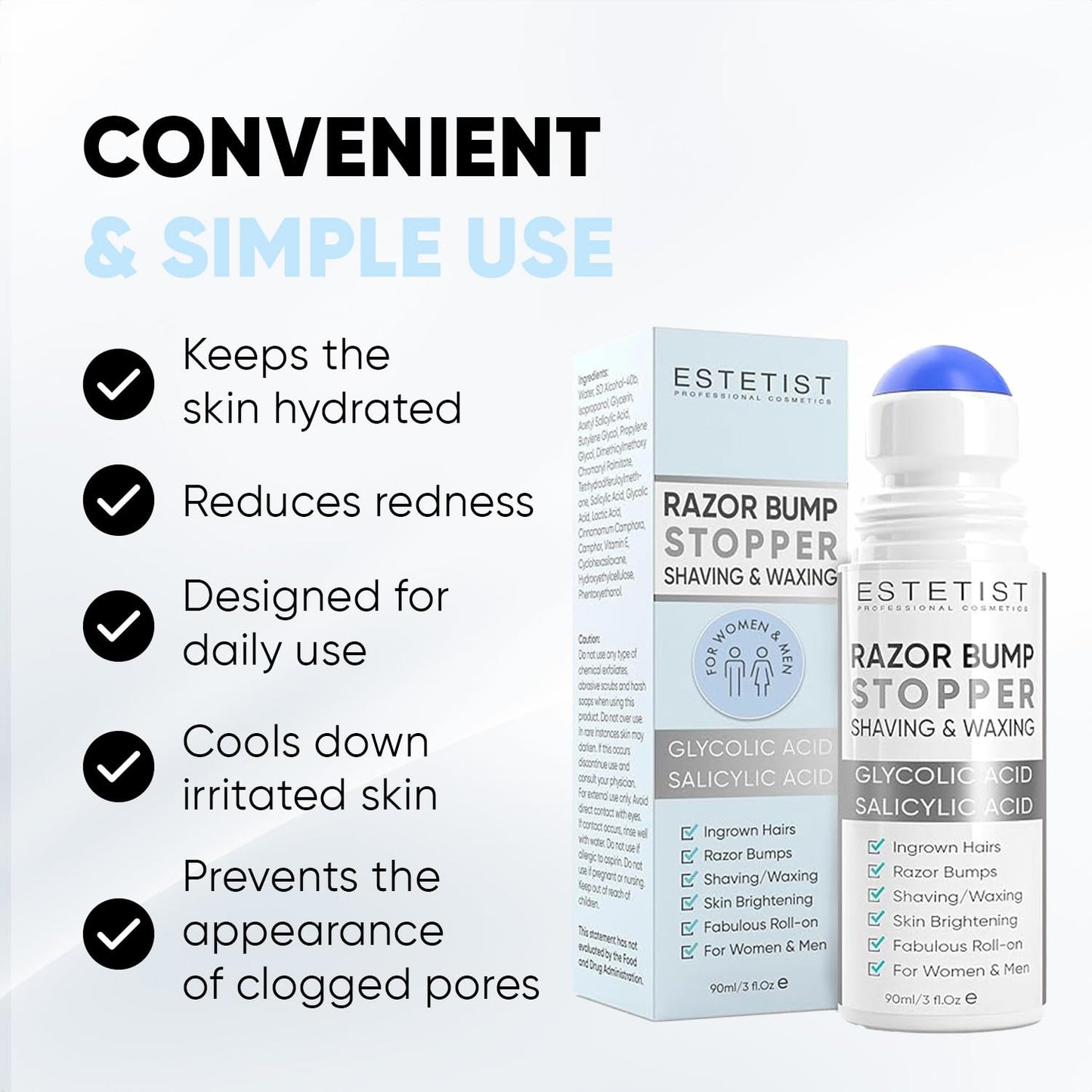 Razor Bump Stopper Solution for Ingrown Hair Skin Care Treatment for Face, Neck, Bikini Area, Legs and Underarm Area After Shave Serum Roll-On for Men and Women With Salicylic Acid, Glycolic Acid