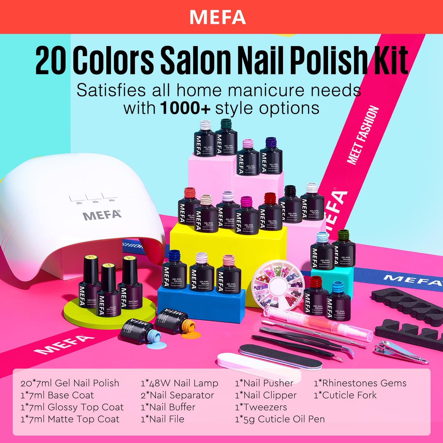 MEFA 34 Pcs Gel Nail Polish Kit with U V Light, 20 Colors All Seasons Soak Off Easter Gel Polish Nail Set with Matte/Glossy Base Top Coat Essential Manicure Tools Nails Art DIY Salon Home