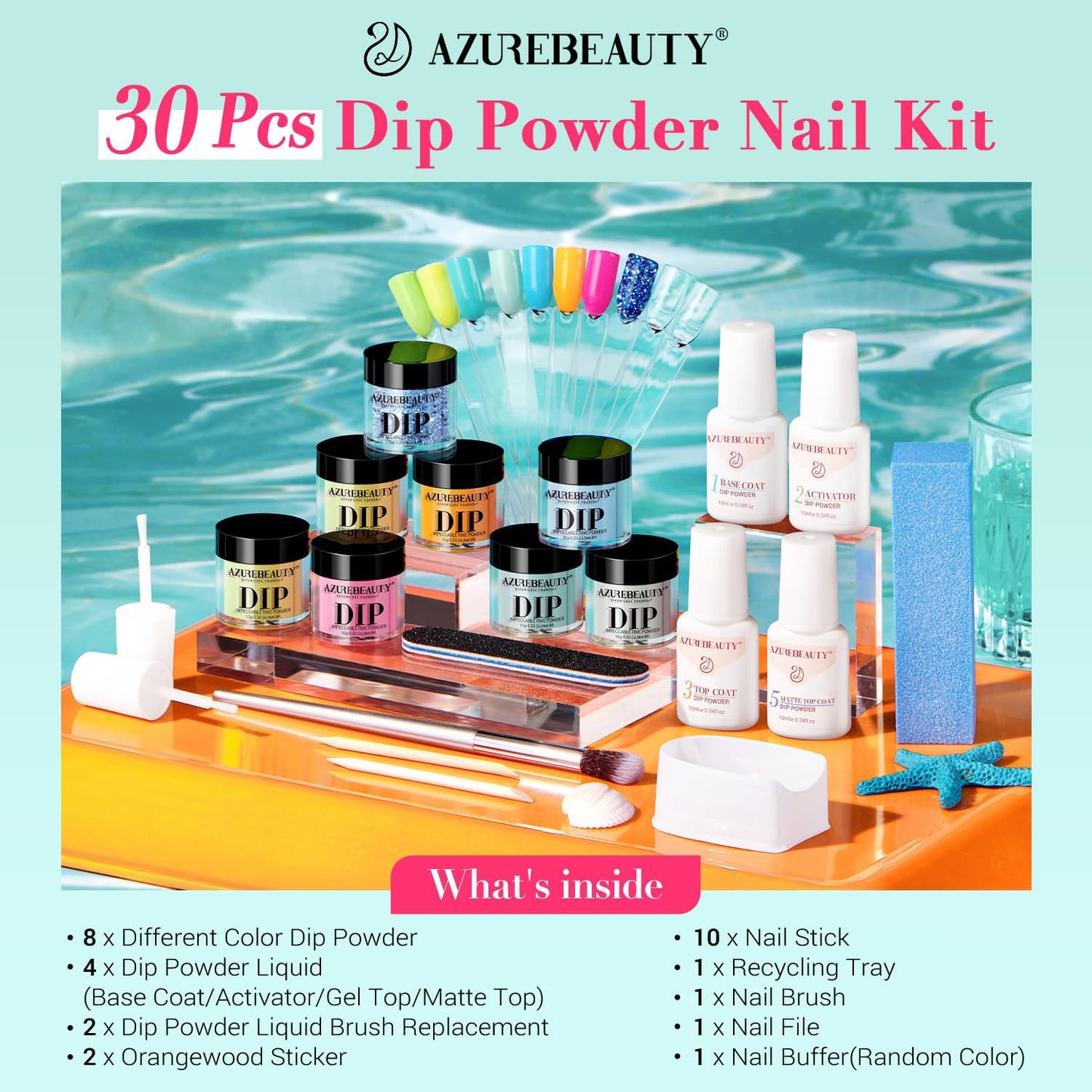 AZUREBEAUTY Dip Powder Nail Starter Kit with Matte Coat, 8 Hot Pink Glitter Neon Summer Color, Dipping Powder Liquid Set with Base/Top Coat/ Activator/10 Nail Sticks Salon at Home