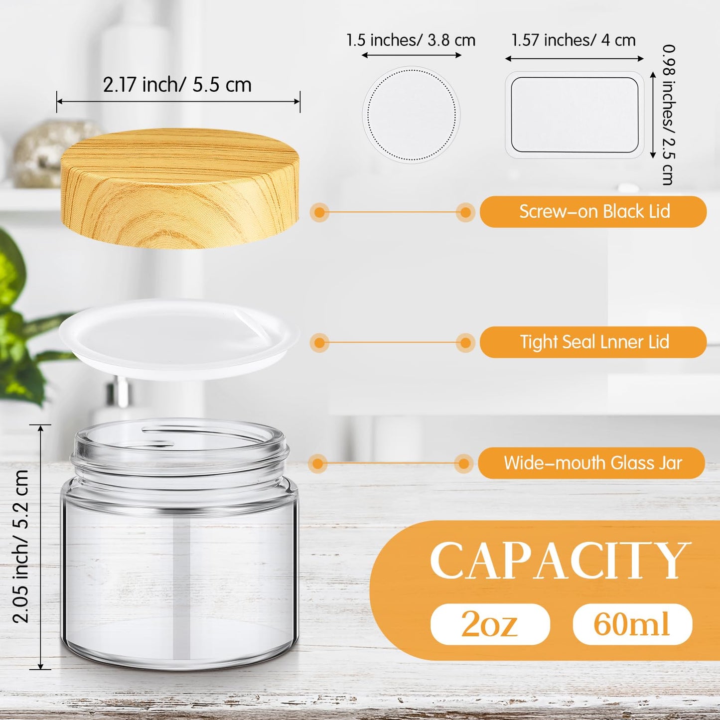 Layhit 12 Pcs Glass Jars with Lids Clear Small Jars with Plastic Woodgrain Lids, White Labels and Inner Liners Empty Round Cosmetic Containers for Creams Lotions Powder Ointments Candle Making (2 oz)