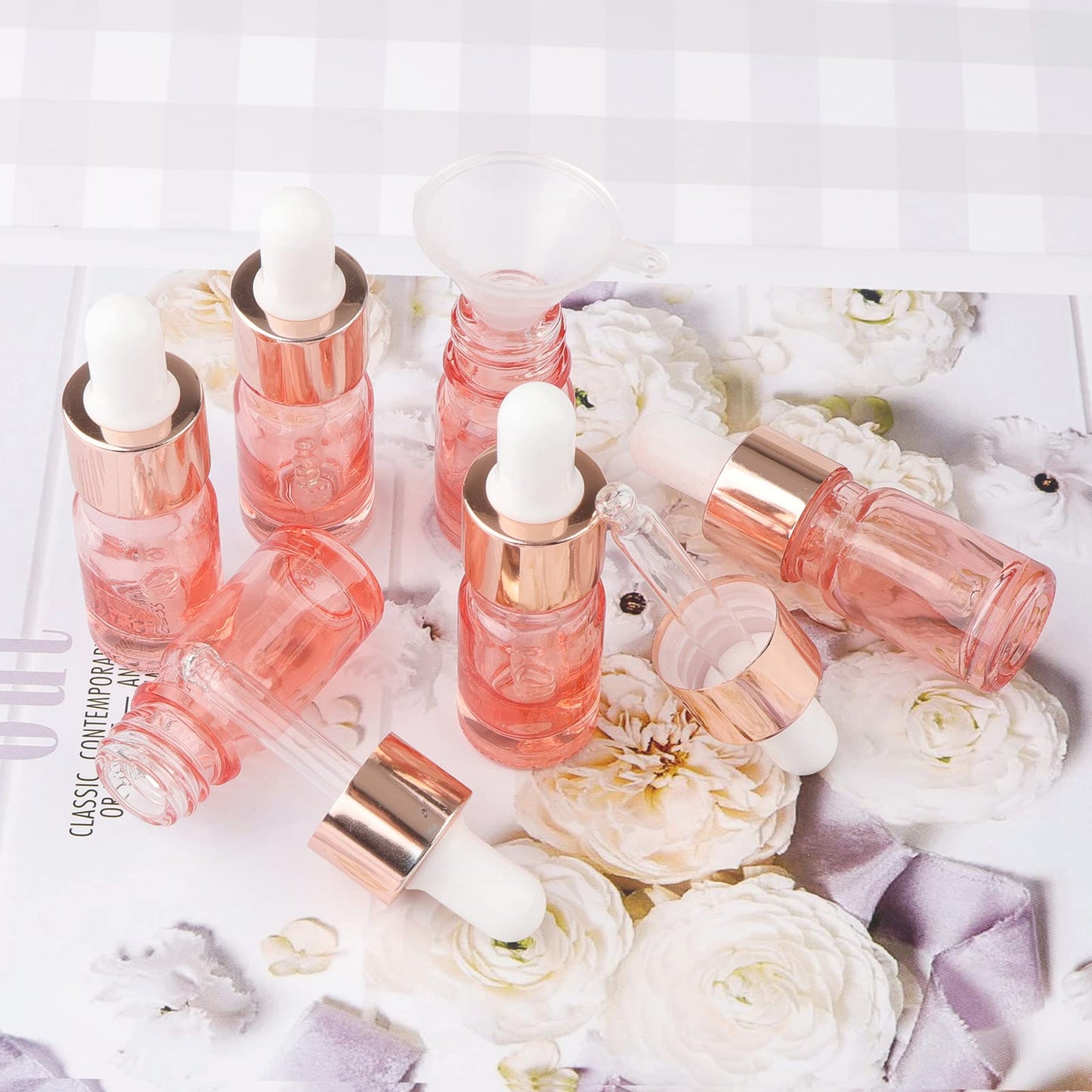 Kesell 8 Pack 5ml Pink Dropper Bottles, Empty Refillable Glass Sample Vials Essential Oils DIY Perfume Travel Container, With Rose-Gold Cap And 3 Funnels
