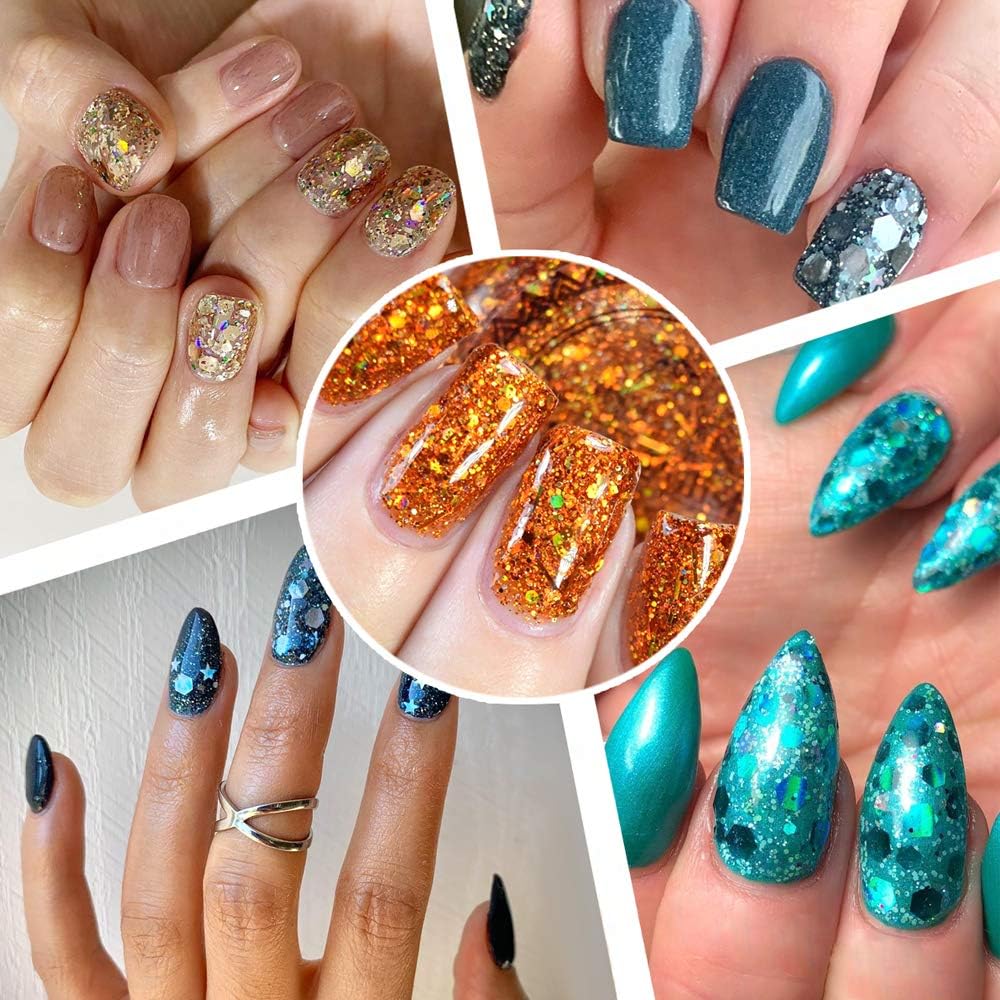 Holographic Chunky Glitter Sequins, 12 Colors Mixed Cosmetic Glitter for Face Body Eye Hair Nail Art Lip Gloss Makeup, Festival Glitter with Different Hexagons Size and Stars (Laser Mix)