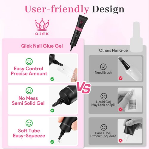 Qiek Nail Tips Gel Glue 15g - Lamp Curing Solid Nail Glue for False Acrylic Nails, Crystal Clear Long Lasting 28 Days No Yellowing Salon Quality DIY Home Manicure Beginner-Friendly
