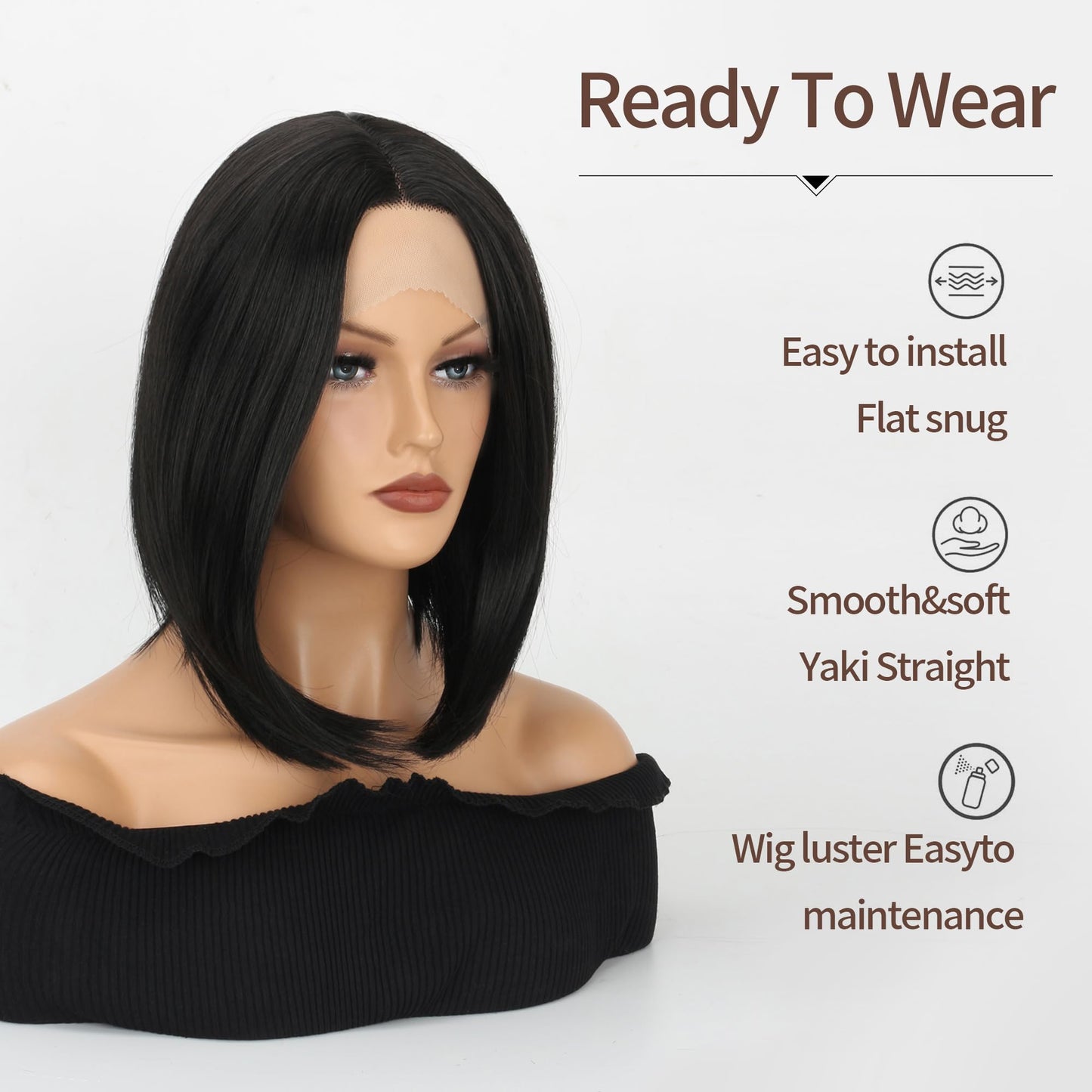 VOKEYLA Short Bob Wig Synthetic Lace Frontal Wigs For Women Black Straight Hair Glueless Yaki Straight Heat Resistant Natural Wig