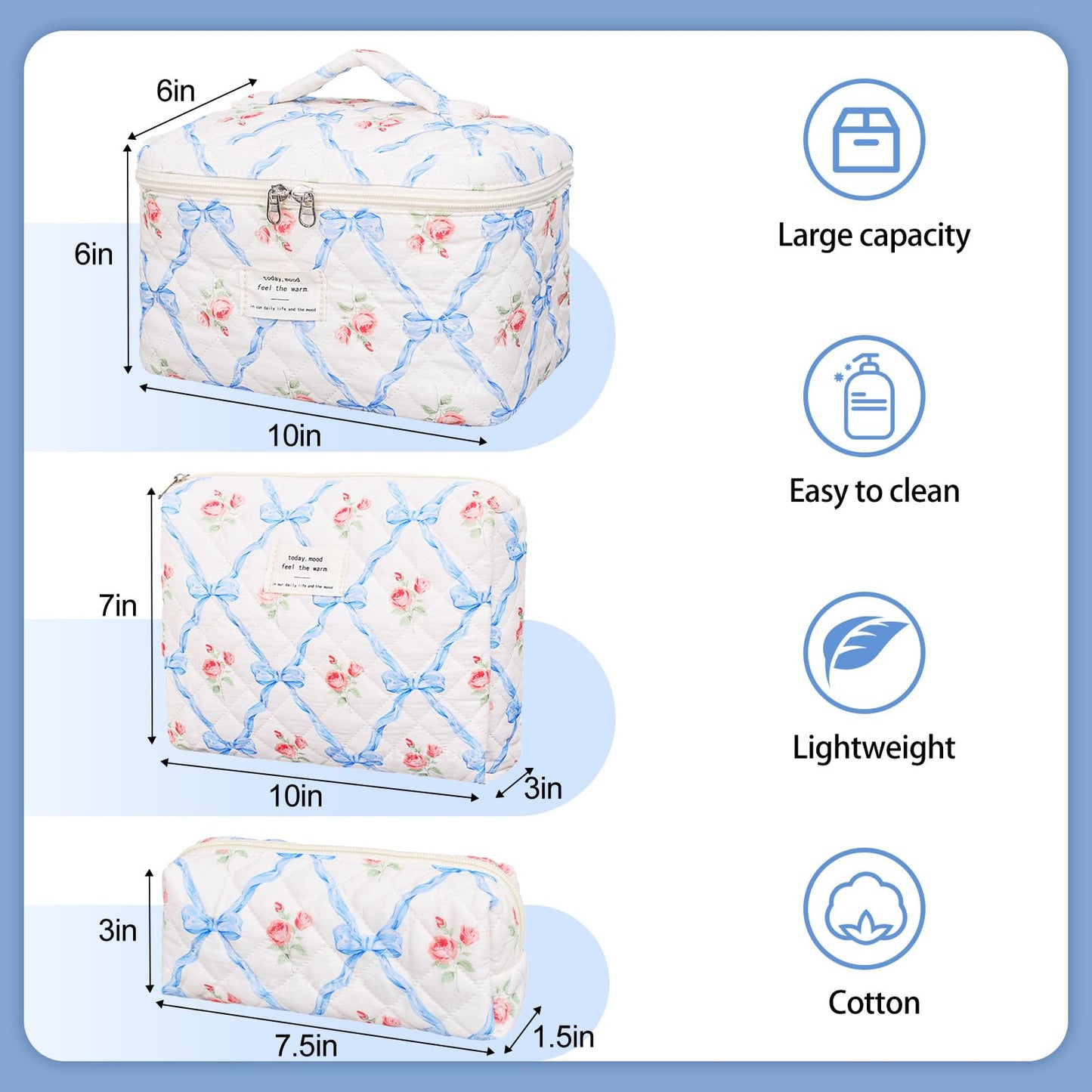 SXS LACONIC Large Makeup Bag,Quilted Makeup Bag Set,Cotton Coquette Aesthetic Floral Makeup Pouch for Women, Travel Cute Soften Cosmetics Bag Organizers for Girls