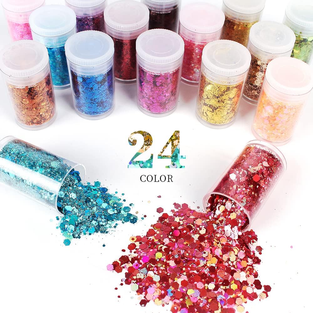 Holographic Chunky Glitter Sequins, 12 Colors Mixed Cosmetic Glitter for Face Body Eye Hair Nail Art Lip Gloss Makeup, Festival Glitter with Different Hexagons Size and Stars (Laser Mix)