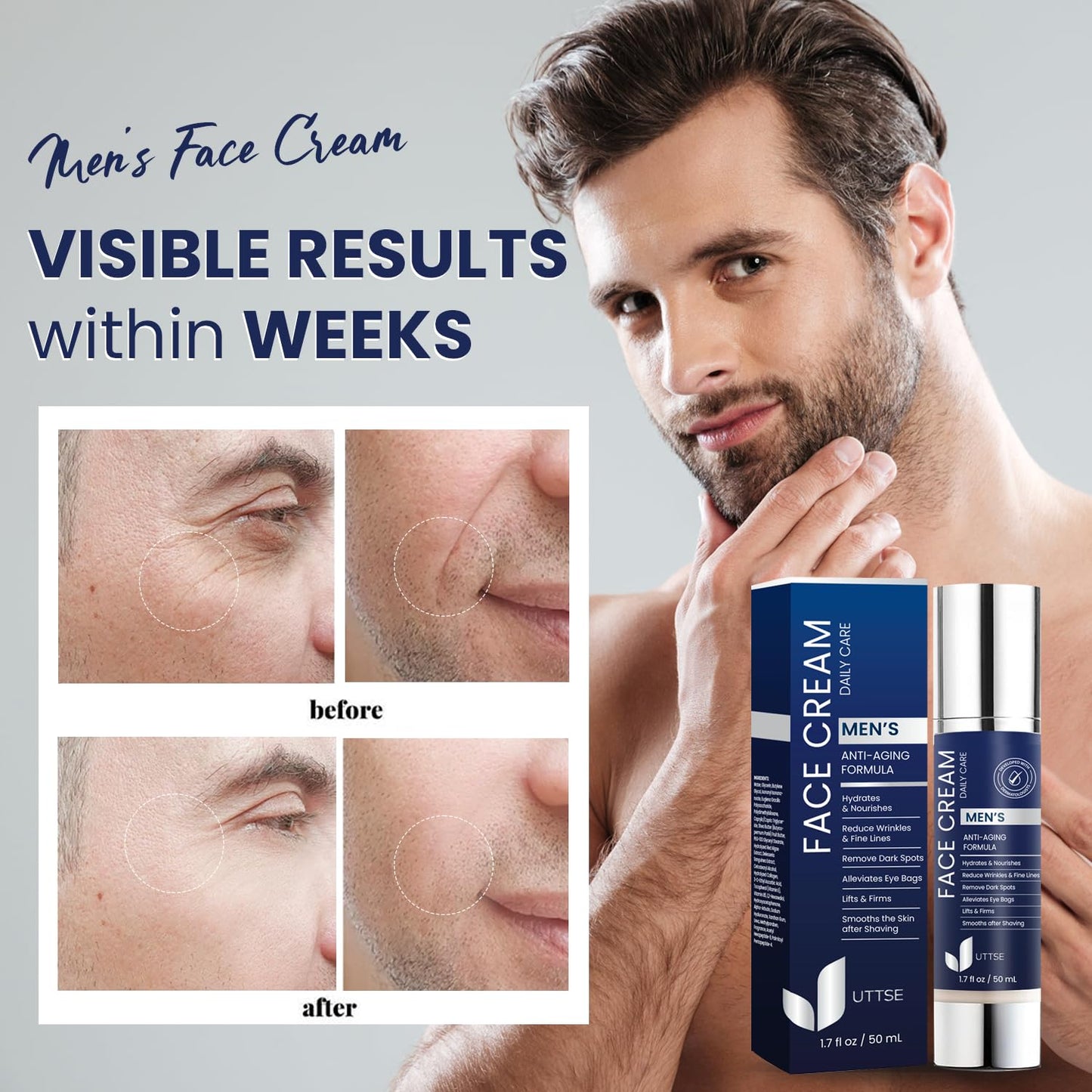 Uttse 6-in-1 Mens Face Moisturizer: Anti Aging Face Cream - Eye Bags Treatment - Skin Care for Men - 1.7 fl oz