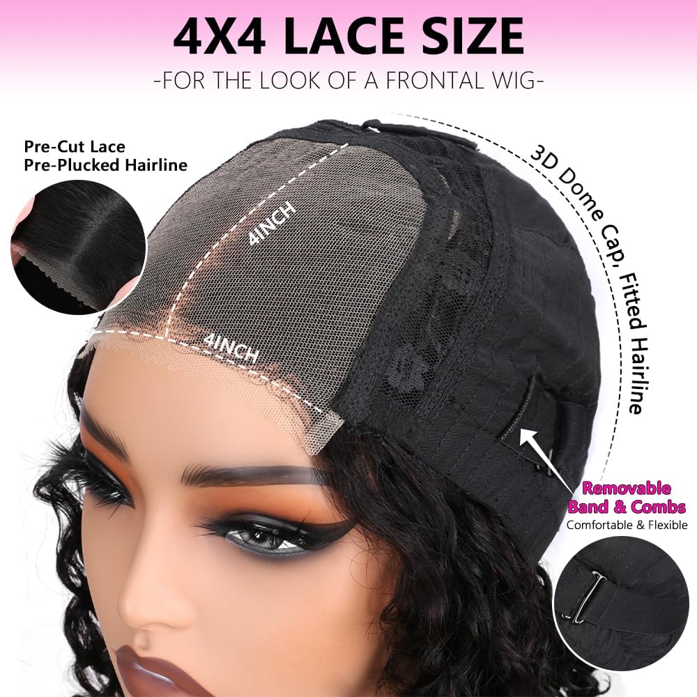Water Wave Bob Wig Human Hair Glueless Pre Cut Stretched Length 12 Inch Wear and Go Glueless Bob Wigs For Black Women Wet and Wavy Short Bob Cut HD Lace Closure Wig 4x4 180% Density Middle Part Black