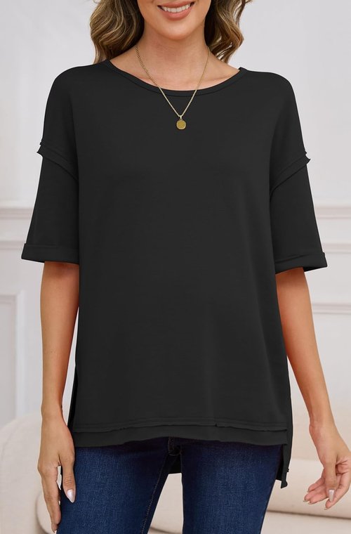 RUBZOOF Women's Oversized T-Shirts - Casual Short Sleeve Tunic with Side Split | Maternity Top