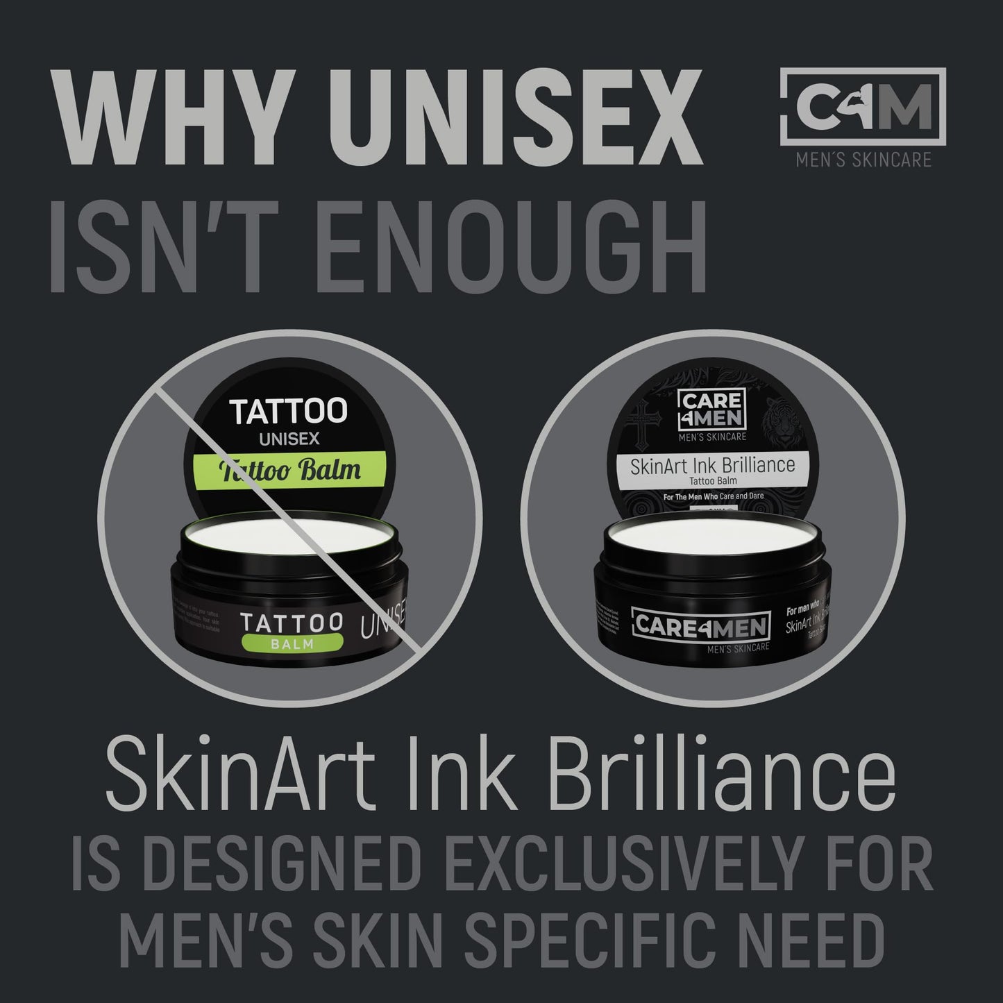 Care4Men Tattoo Aftercare Balm Butter - EXCLUSIVE MEN'S TATTOO CARE Cream Ointment. Unscented Natural Lotion Salve. New and Old Tattoos: Color Enhancement, Brightening, Healing & Moisturizing.