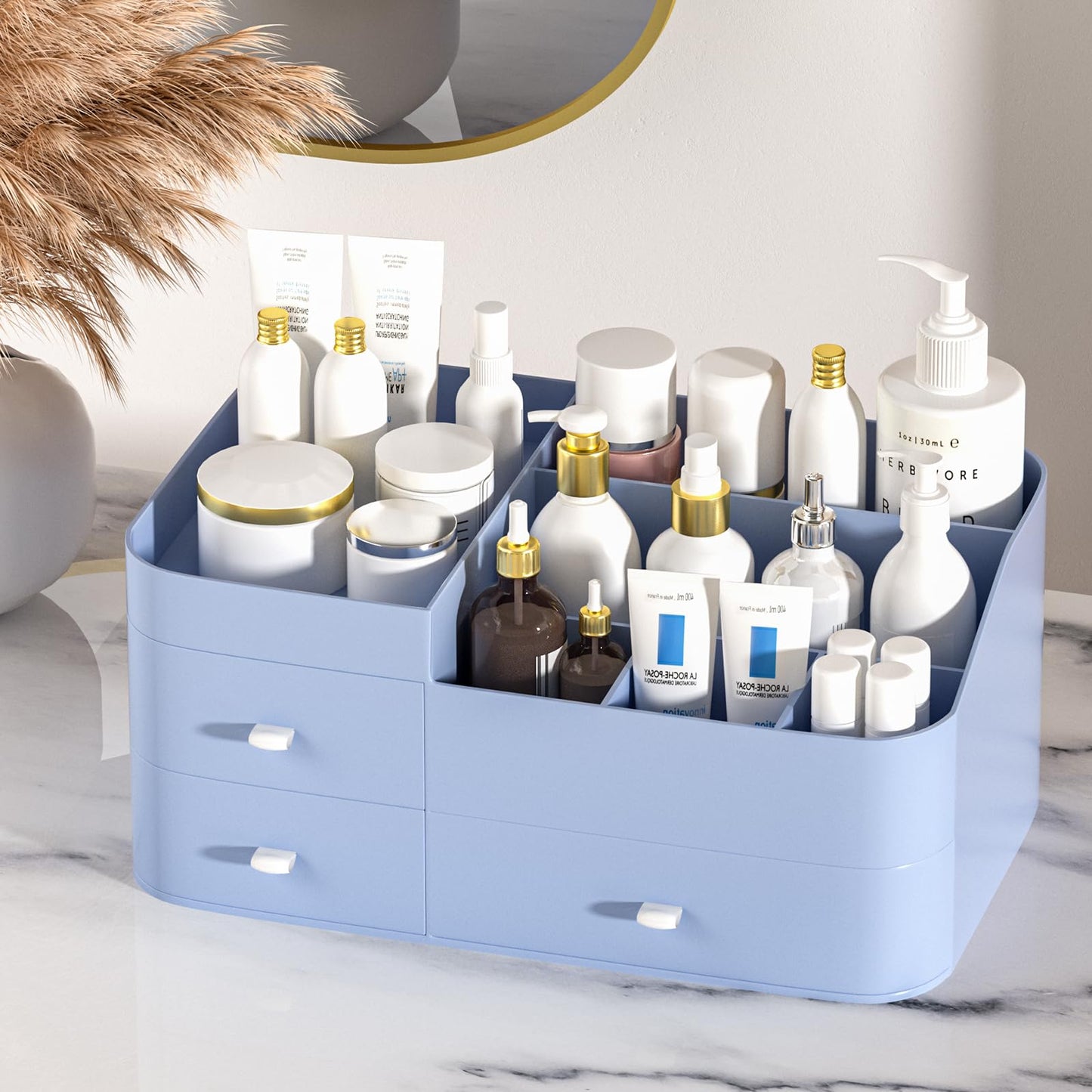 MIUOPUR Makeup Organizer for Vanity, Large Capacity Desk Organizer with Drawers for Cosmetics, Lipsticks, Jewelry, Nail Care, Skincare, Ideal for Bedroom and Bathroom Countertops - Large Blue