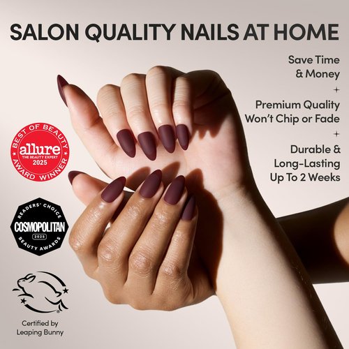Glamnetic Press On Nails - Merlot | Matte Short Almond Dark Red Fake Nails with Glossy French Tips | 15 Sizes - 30 Nail Kit with Glue