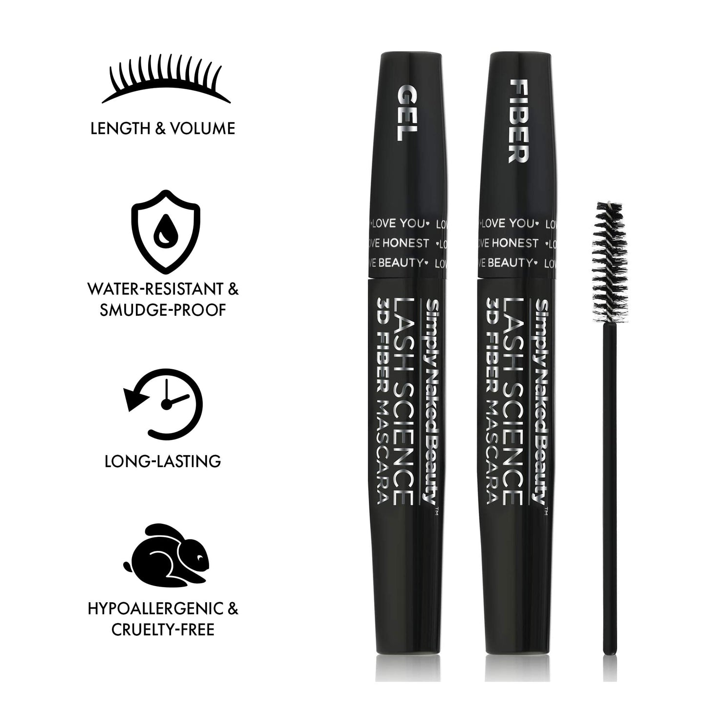 3D Fiber Lash Mascara Kit (2 tubes) by Simply Naked Beauty. Waterproof, lengthening voluminous, on lashes all day. Best and highest rated 3D and 4D gel and fiber formula. Non toxic, hypoallergenic, Natural. Black. One Gel Tube and One Fiber Tube included