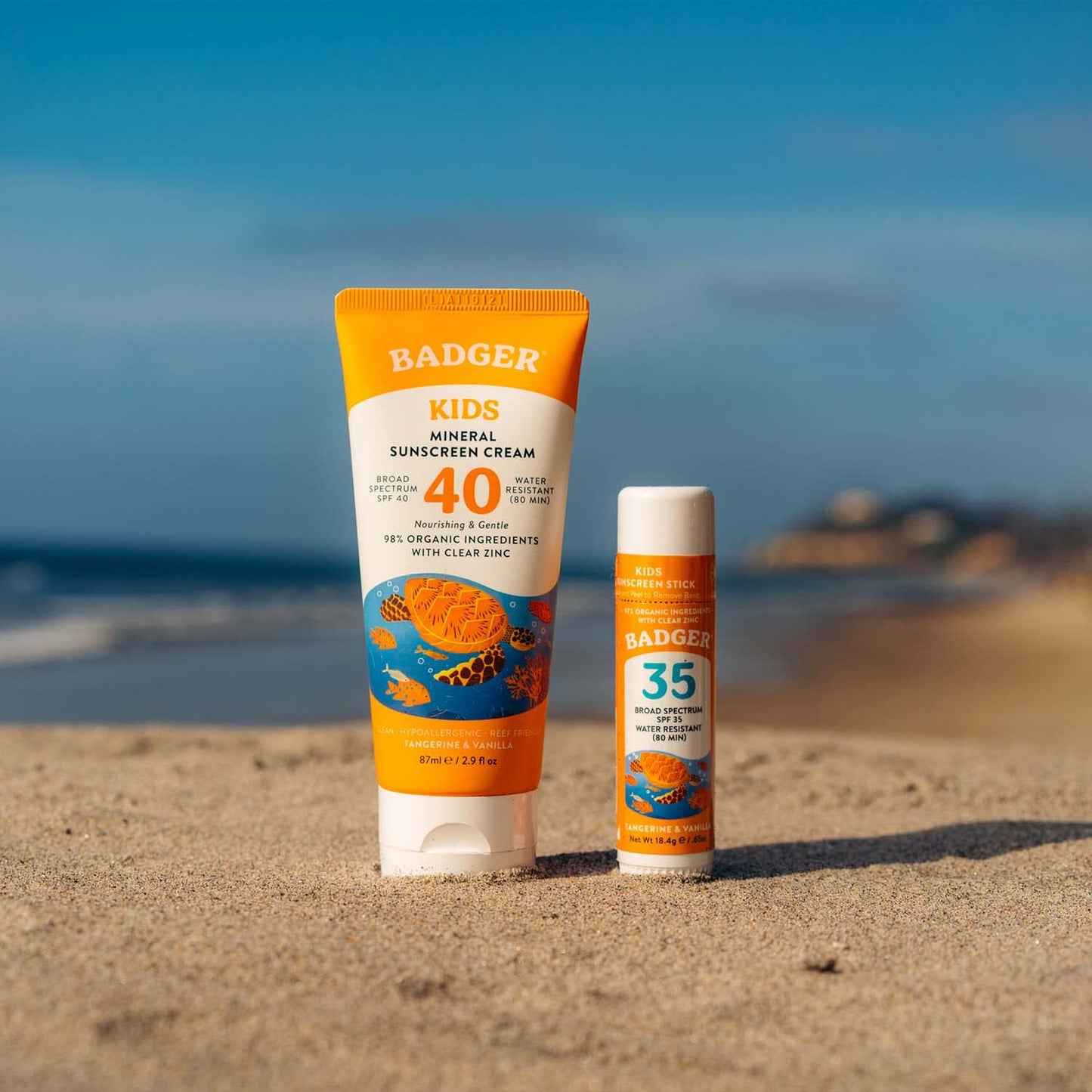 Badger Kids Mineral Sunscreen Combo, SPF 40 Cream and SPF 35 Face Stick, Reef Safe Broad Spectrum Water Resistant with Zinc Oxide, Tangerine and Vanilla