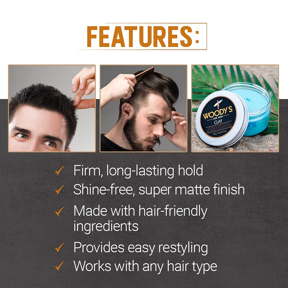 Woody's Hair Clay for Men – Matte Finish, Styling Pomade for Men Stronghold, Firm and Flexible Control, 3.4 oz. 2-Pack