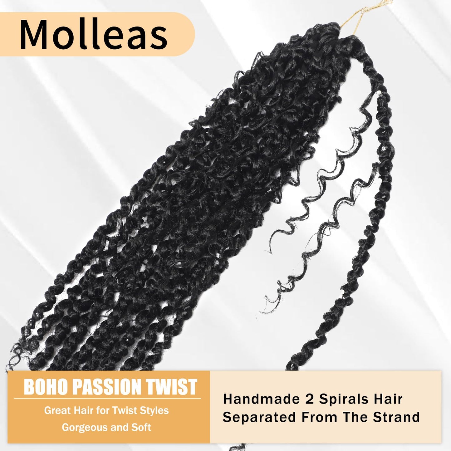 Molleas Passion Twist Hair 14inch,9pack Boho Passion Twist Crochet Hair,Pre Looped With Curly Ends for Bohemian Water Wave Braiding Hair(14inch(pack of 9),1B)