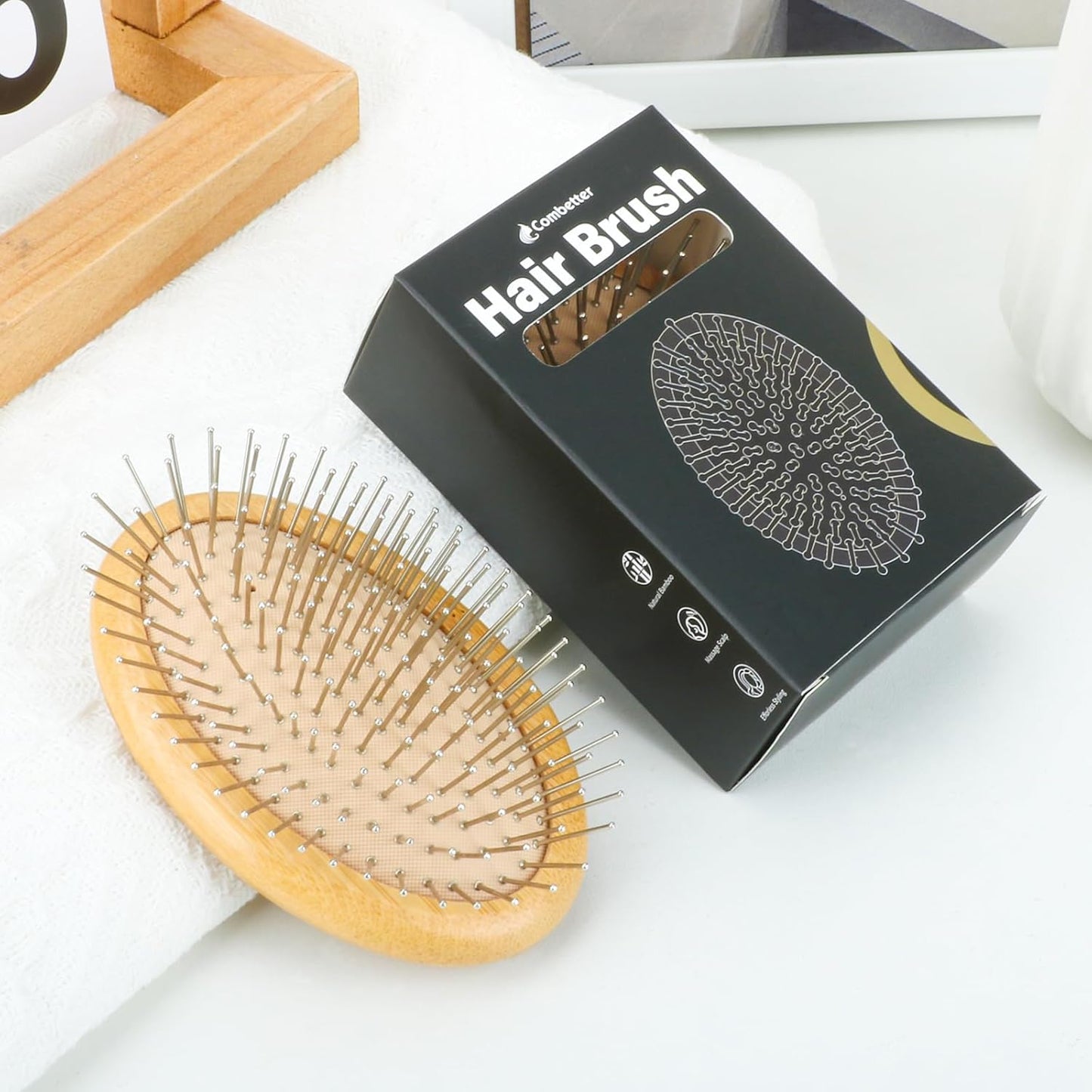 Skiennix Metal Hair Brush - Scalp Massage & Hair Growth Tool | Natural Bamboo, No Handle Design