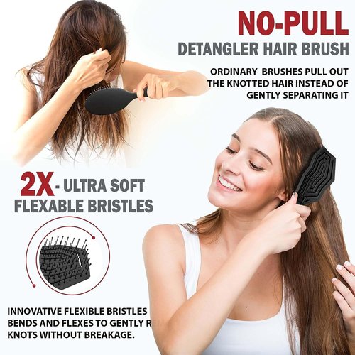 Fiora Naturals Hair Detangling Brush for Women - Detangler Hair Brush w/Flexible Soft Bristles- Gently Glides Through Tangles - Curly, Fine, Dry and Shower Wet HairBrush, cepillo para cabello - Black