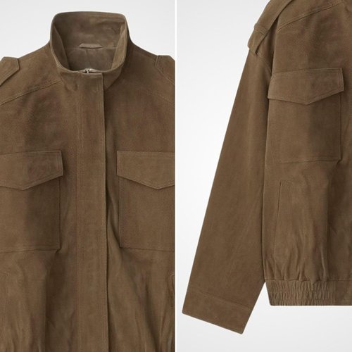 FindThy Women's Suede Leather Jacket - Vintage High Collar, Long Sleeve, Oversized Coat with Pockets