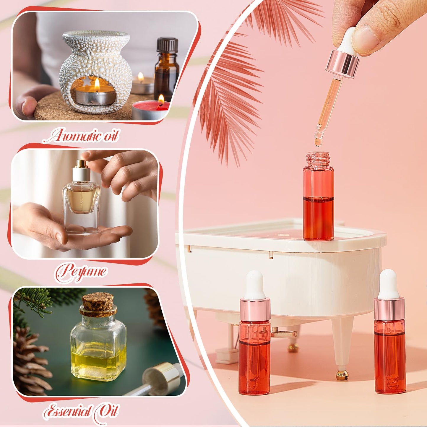 Didaey 100 Pcs Mini Glass Dropper Bottle Bulk Clear Essential Oil Dropper Bottles Small Tincture Bottles with Dropper Sample Containers Perfume Liquid Vials with Cap for Traveling(5 ml,Pink Body)