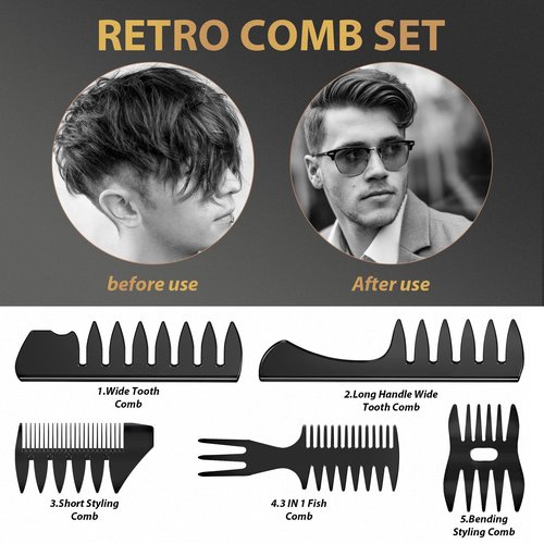 Hair Brush for Men, DUAIU 7Pcs Combs for Men, Hair Styling Comb Set with Vent Hair Brushes, Quiff Round Hair Brush, Wide Tooth Combs, Texture Comb for Blow Drying, Detangling, Grooming, Hairdressing