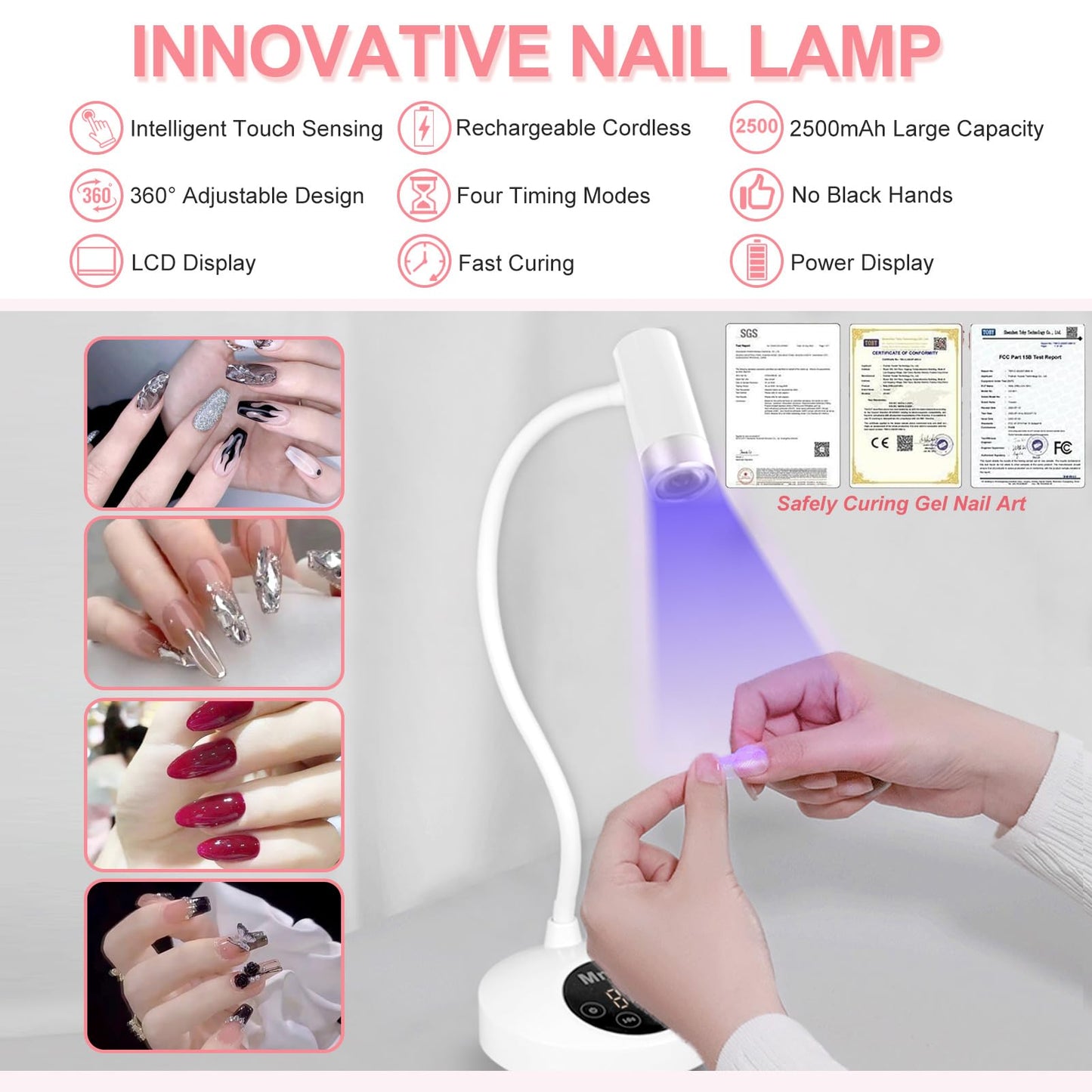 U V Nail Lamp, Rechargeable U V Light for Gel Nails Polish, Mini Flash Cure Light for Gel X Nails, Cordless U V LED Nail Lamp, Nail Dryer with 4 Timers&Sensor, Fast Curing Gooseneck U V Lamp, White
