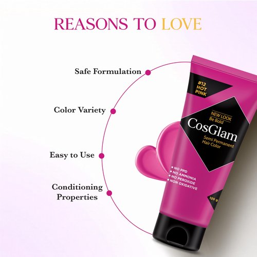Cosglam Semi Permanent Hair Color for Women & Men, (120g, #12 Hot Pink) Enriched with Conditioner, Glossy Finish, No Ammonia, No Peroxide & Non Oxidative, Vegan Highlights Colorful Hair Dye